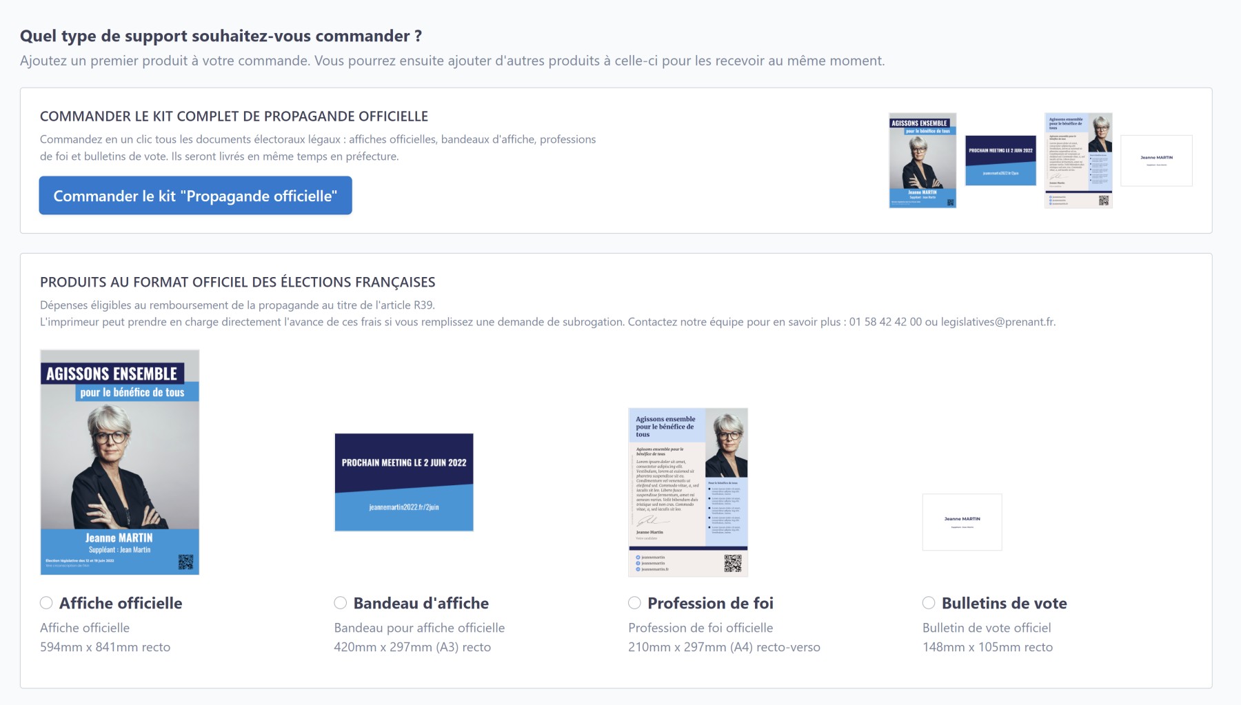 Capture d'écran de la plateforme de commande d'imprimés électoraux